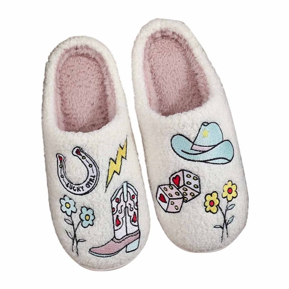 Bibifish Mens Womens Fuzzy Slippers Bowknot Floral Western Cowboy Thick Fleece Plush Slip On Non Slip Indoor Home Warm Winter Slippers