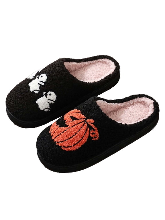 Mens Womens Fuzzy Slippers Halloween Pumpkin Ghost Print Soft Warm Slip On Non Slip Indoor Winter Slippers