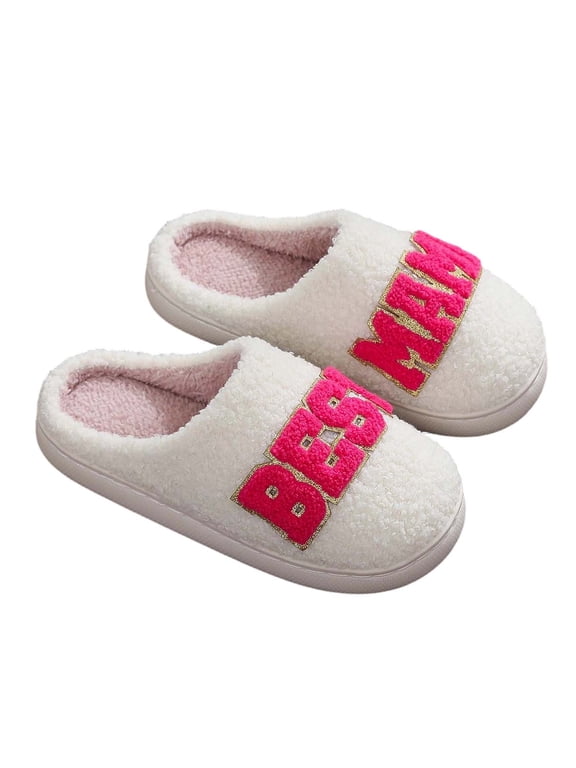 Mens Womens Fuzzy Slippers Letter Embroidered Print Thick Sole Slip On Embroidery Non Slip Indoor Home Winter Slippers