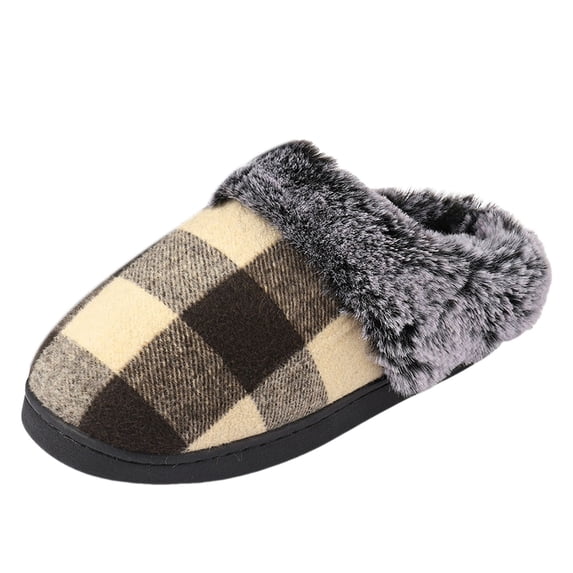 Bibifish Mens Womens Plush Slippers Plaid Print Closed‑Toe Plush Flat Sole Winter Indoor Warm Fleece House Slippers