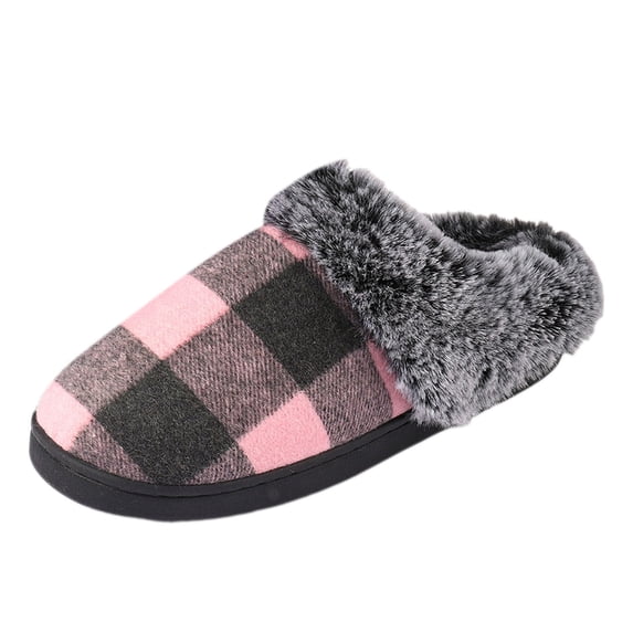 Bibifish Mens Womens Plush Slippers Plaid Print Closed‑Toe Plush Flat Sole Winter Indoor Warm Fleece House Slippers