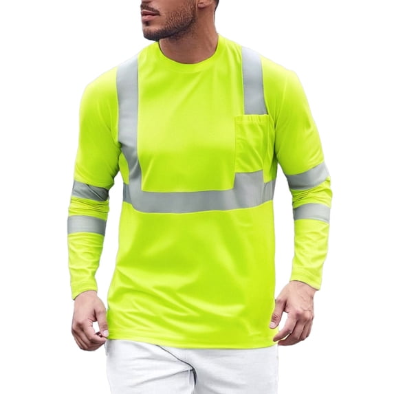Bibifish Mens Workwear Tops High Visibility Loose Fit Reflective Strip Tshirts Long Sleeve With Chest Pocket Construction Worksite Industrial Safety Wear Quick Dry Work Shirts