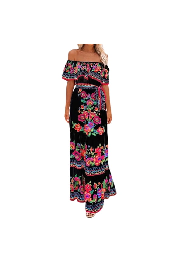 Mexican Dresses For Women Off Shoulder Red Floral Print Long Maxi Dresses Summer Cinco De Mayo Party Dresses With Belt
