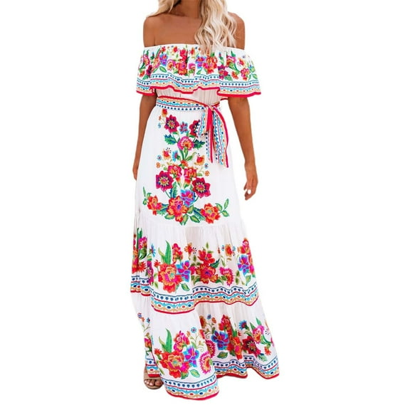 Bibifish Mexican Dresses For Women Off Shoulder Red Floral Print Long Maxi Dresses Summer Cinco De Mayo Party Dresses With Belt