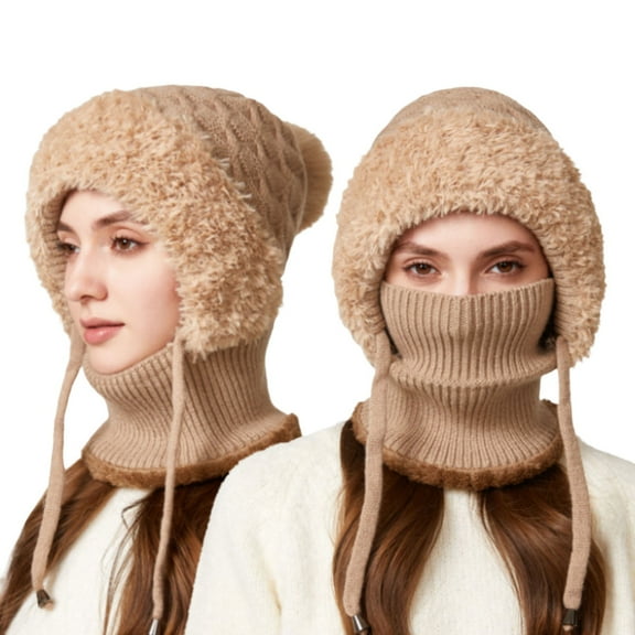 Bibifish One Piece Scarf Hats For Women Winter Soft Fleece Knitted Scarf Hats Cold Weather Outdoor Activities Thermal One Piece Scarf Hats
