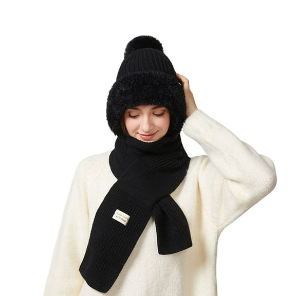 Bibifish One Piece Scarf Hats For Women Winter Thermal Lined Scarf Hats Solid Color Fleece Cold Weather Knitted Scarf Hats For Ladies