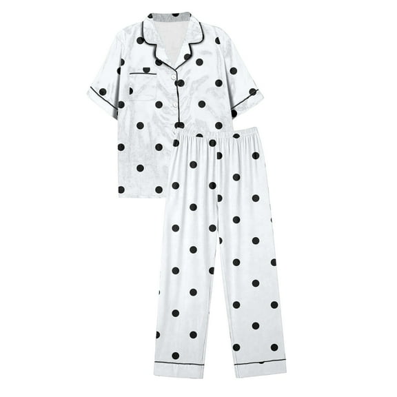 Bibifish Pajamas For Women Satin Silk Polka Dot Two pieces loungewears setSets Long Sleeve Botton Down Soft Pjs With Chest Pocket