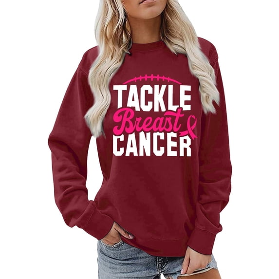 Bibifish Sweatshirts For Women Breast Cancer Letter Print Fall Soft Crewneck Sweatshirts Casual Long Sleeve Pullover Tops