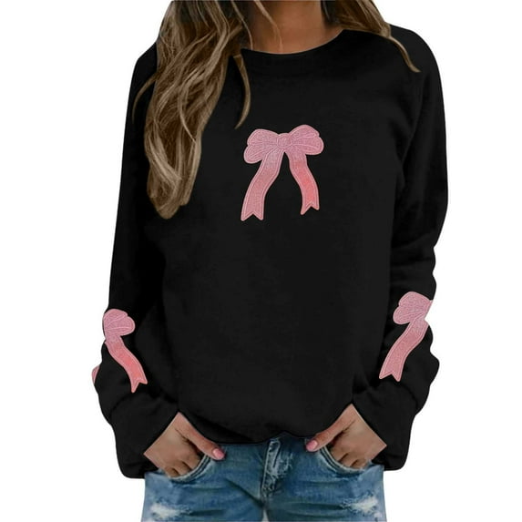 Bibifish Sweatshirts For Women Cute Embroidered Bow Print Graphic Fall Soft Sweatshirts Casual Long Sleeve Crewneck Pullover Tops