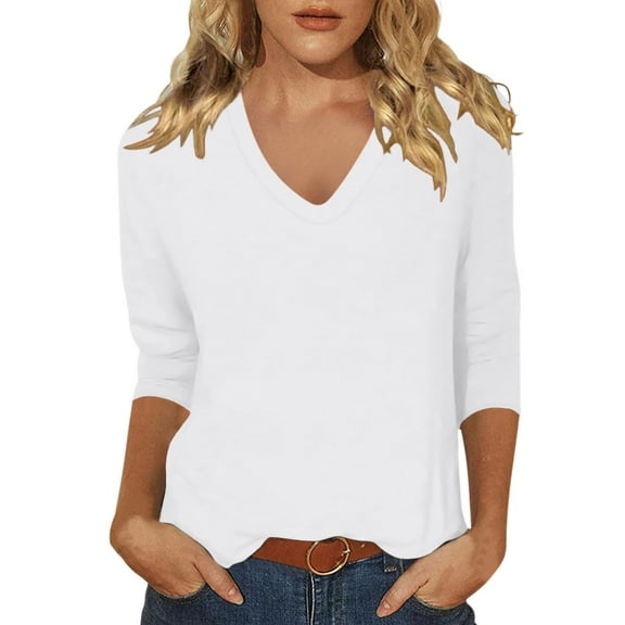 Bibifish T-Shirts For Women Cozy Fall Winter Soft 3/4 Sleeve V Neck With Bottons Tops Basic Casual Workout Tee Shirts Outfits