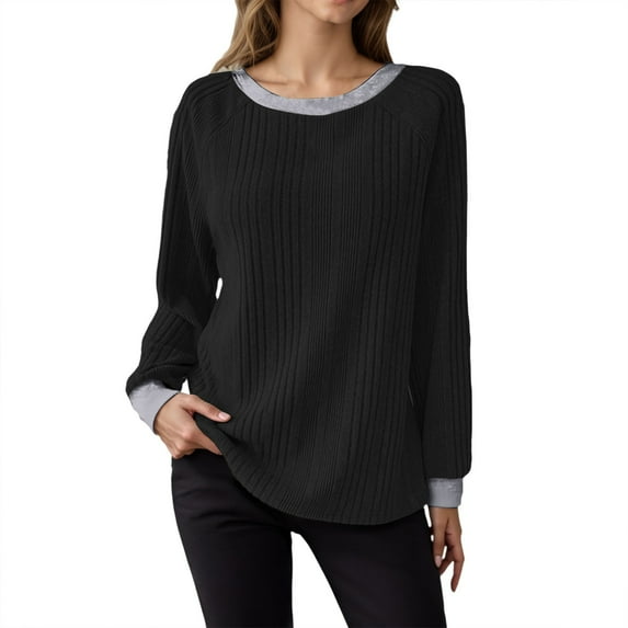 Bibifish Tshirts For Women Oversized Long Sleeve Crewneck Tops Color Block Cozy Soft Fall Winter Daily Wear Ladies Outfits For Layering