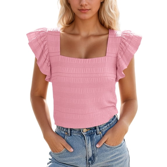 Bibifish Tshirts For Women Short Sleeve Blouse Ruffle Hem Square Neck Tees Casual Trendy Tunic Outfits For Ladies Lightweight Tops