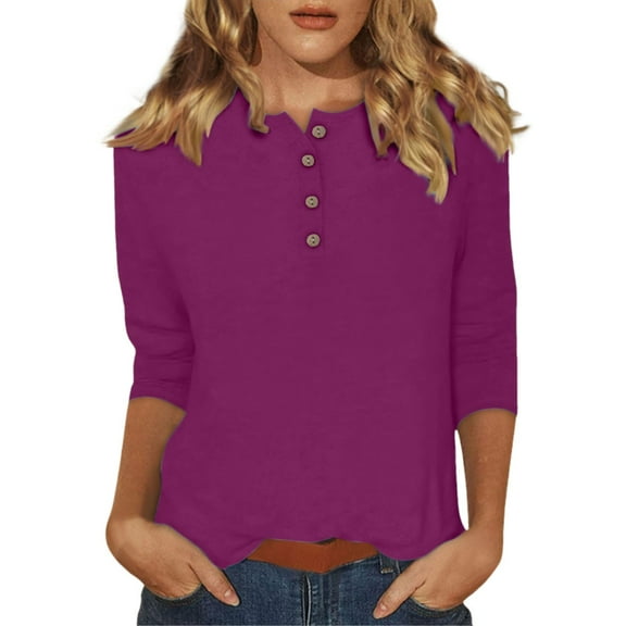Bibifish Tshirts For Women Solid Color 3/4 Sleeve Crewneck Tee Tops With Botton Pullover Fall Winter Soft Basic Ladies Outfits