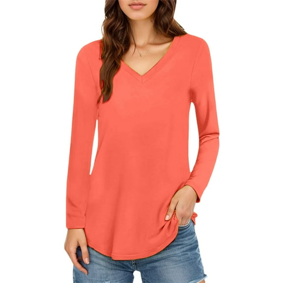 Bibifish Tshirts For Women Solid Color Loose Fit V Neck T-Shirts Autumn Winter Long Sleeve Tops Casual Soft Oversized Ladies Tees