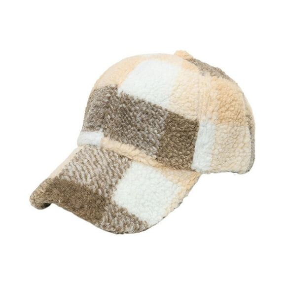 Bibifish Unisex Men Women Beige & Brown Plaid Sherpa Baseball Cap Warm Fabric Hat Adjustable Strap Casual Fall Winter Daily & Outdoor Cap