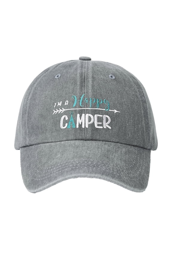 Unisex Men Women Dark Gray Vintage Baseball Cap "I'M A Happy Camper" Arrow Print Cotton Adjustable Strap Casual Camping & Outdoor Cap