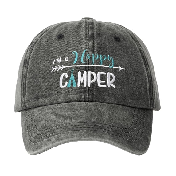 Bibifish Unisex Men Women Dark Gray Vintage Baseball Cap "I'M A Happy Camper" Arrow Print Cotton Adjustable Strap Casual Camping & Outdoor Cap