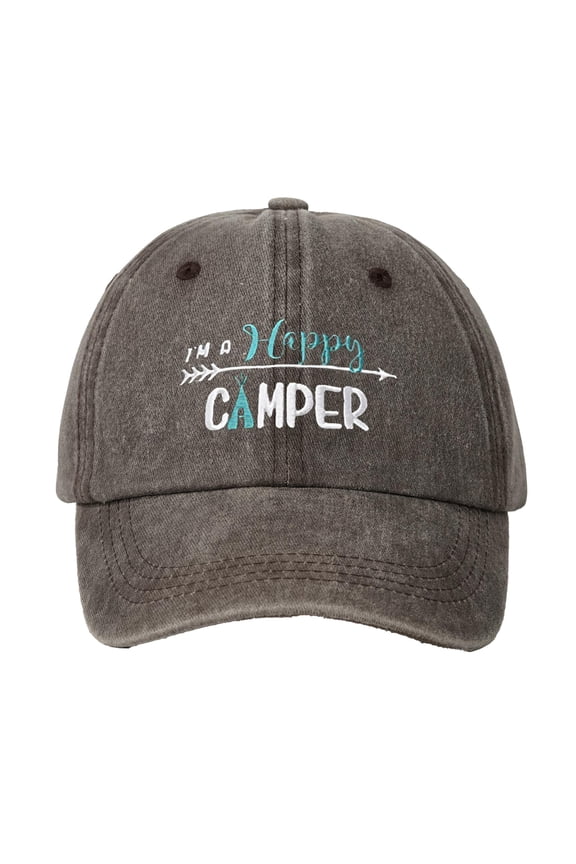 Unisex Men Women Dark Gray Vintage Baseball Cap "I'M A Happy Camper" Arrow Print Cotton Adjustable Strap Casual Camping & Outdoor Cap