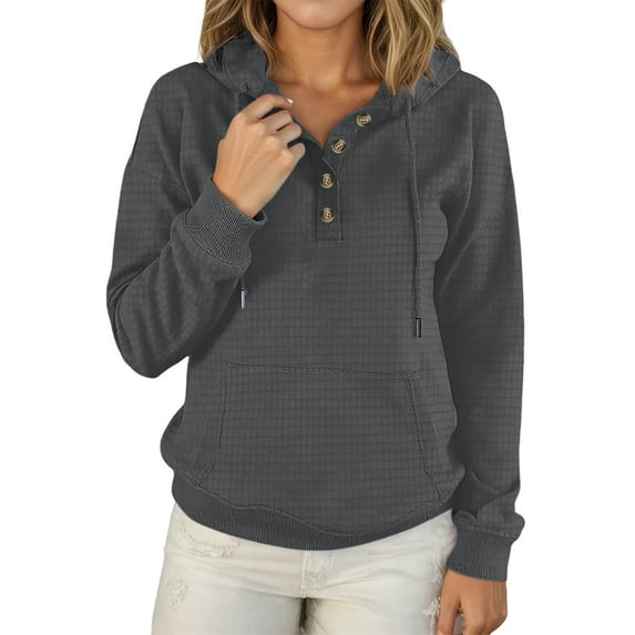 Bibifish Waffle Hoodies For Women Oversized V Neck With Button Down Fashion Hoodies 2025 Fall Pullover Hooded Sweatshirt With Pockets