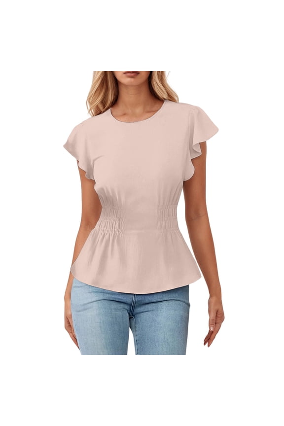 Women Blouse Round Neck Flutter Short Sleeve Smocked Waist Tops Summer Ruffle Sleeve Waist Peplum Fitted Blouses For Ladies