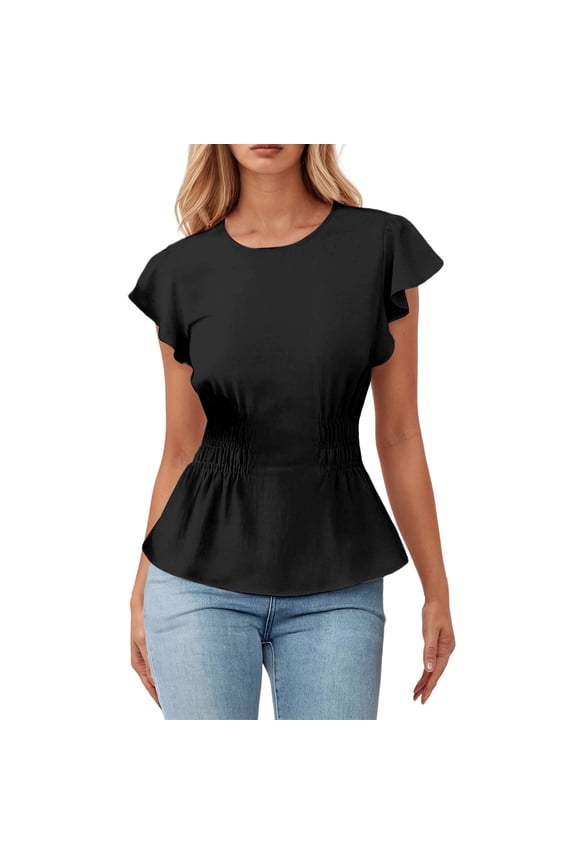 Women Blouse Round Neck Flutter Short Sleeve Smocked Waist Tops Summer Ruffle Sleeve Waist Peplum Fitted Blouses For Ladies