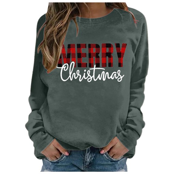 Bibifish Women Graphic Christmas Sweatshirts Loose Fit Merry Christmas Letter Print Xmas Themed Long Sleeve Crewneck Pullover Tops