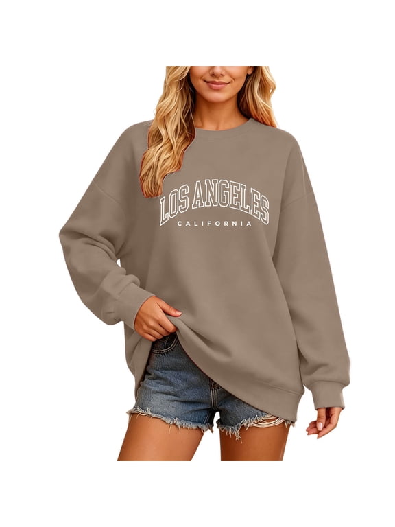 Women Graphic Crewneck Sweatshirts Los Angeles California Letter Print Streetwear Oversized Long Sleeve Pullover Tops
