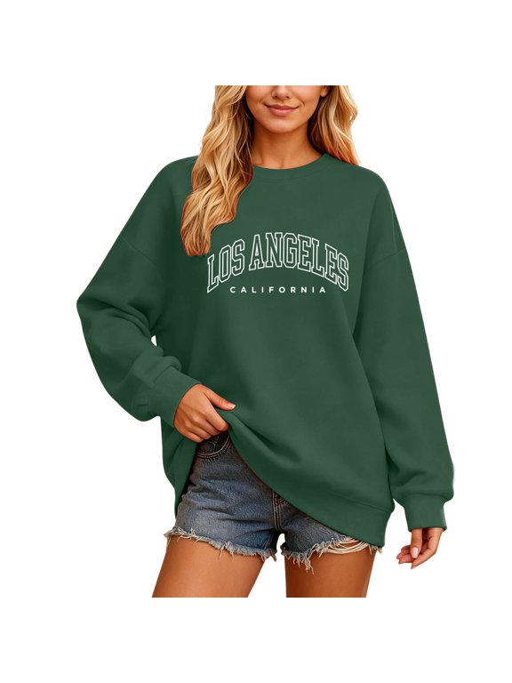 Women Graphic Crewneck Sweatshirts Los Angeles California Letter Print Streetwear Oversized Long Sleeve Pullover Tops