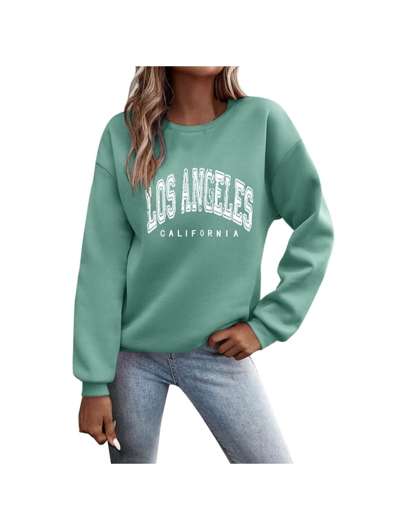 Women Graphic Crewneck Sweatshirts Los Angeles California Letter Printed Drop Shoulder Long Sleeve Vitange Pullover Tops