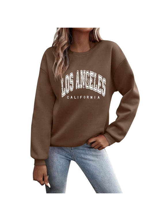 Women Graphic Crewneck Sweatshirts Los Angeles California Letter Printed Drop Shoulder Long Sleeve Vitange Pullover Tops