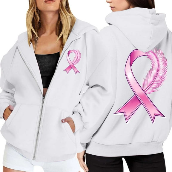 Bibifish Women Graphic Hoodies Cozy Long Sleeve Zip Up Hoodies With Pocket Drawstring Pullover For Breast Cancer Awareness Month