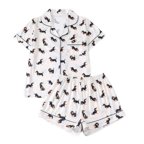 Bibifish Women Pajama Sets Summer Cute Animal Print Nightwear Sets Short Sleeve Bottons Down Tops And Shorts Trendy Vacation Style Sleepwear Sets
