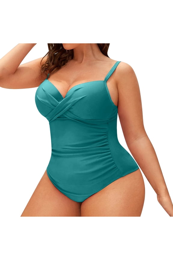 Women'S One Piece Swimsuit Plus Size Solid V Neck Ruched With Underwire Tummy Control Padded Stretch Swimwear Bathing Suit