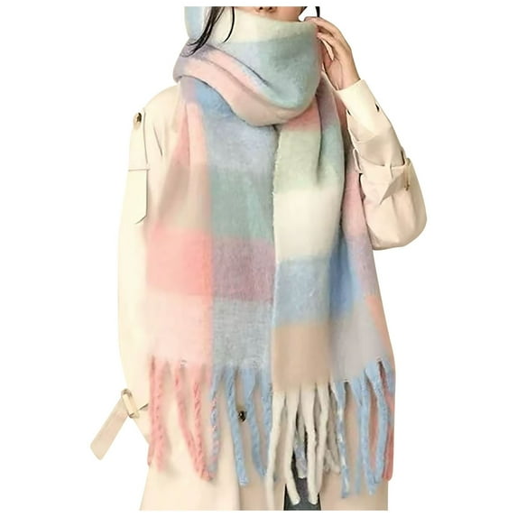 Bibifish Women'S Scarf Pastel Plaid Pattern Scarf With Fringe Trim Cozy Knitted Fabric Chic Winter Trendy Colorful Fuzzy Long Scarf For Ladies