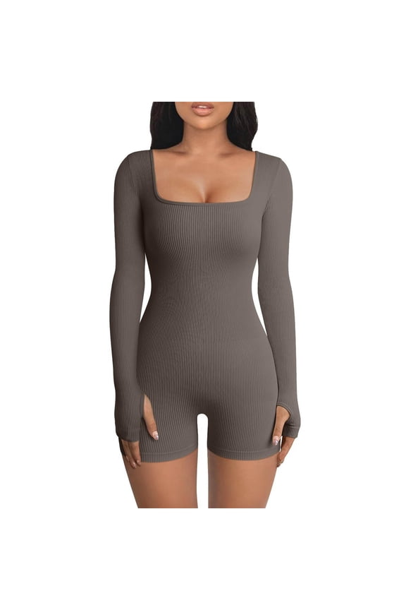 Women’S Yoga Rompers Workout Ribbed Long Sleeve Square Neck Sport Jumpsuits Rompers Breathable Yoga Fitness Activitive Sets