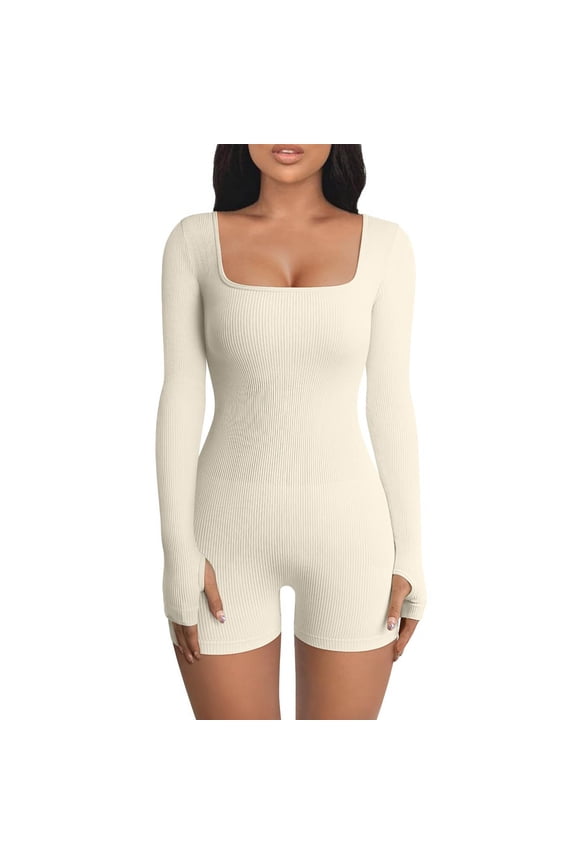 Women’S Yoga Rompers Workout Ribbed Long Sleeve Square Neck Sport Jumpsuits Rompers Breathable Yoga Fitness Activitive Sets