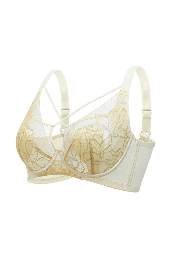 Women Sheer Bras Cross Strap Underwire Support Floral Pattern Lace Bras Breathable Supportive Full Coverage Bras