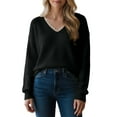 thumbnail image 1 of Bibifish Women Sweaters Elegant Lace Trim Knit Sweaters Long Sleeve V Neck Solid Black Pullover Top Soft Fall Winter Workout Blouses For Ladies, 1 of 4