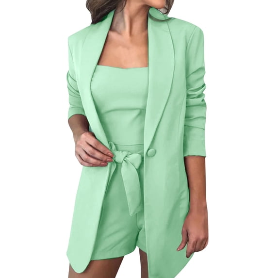Bibifish Women Three Piece Sets Blazer Jacket Square Neck Crop Tube Tops Tie Waist Pocket Shorts Business Office Workwear Matching Outfits