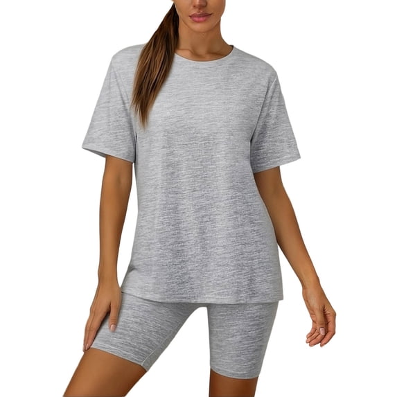Bibifish Women Two Piece Sets Crew Neck Oversized Short Sleeve Long Tops High Waist Biker Shorts Workout Summer Casual Matching Sets