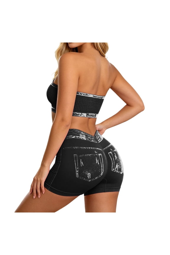Women Two Piece Sets Denim Print Strapless Bandeau Tops High Waist Tummy Control Biker Shorts Trendy Bodycon Matching Outfits
