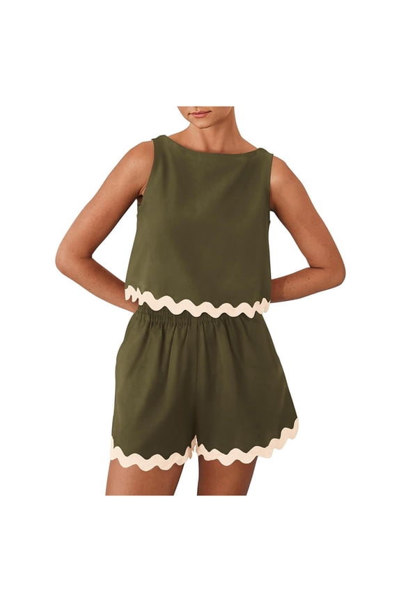 Women Two Piece Sets Scallop Trim Sleeveless Crop Tops Elastic Waist Shorts Summer Beach Vacation Matching Outfits Comfy Shorts Sets