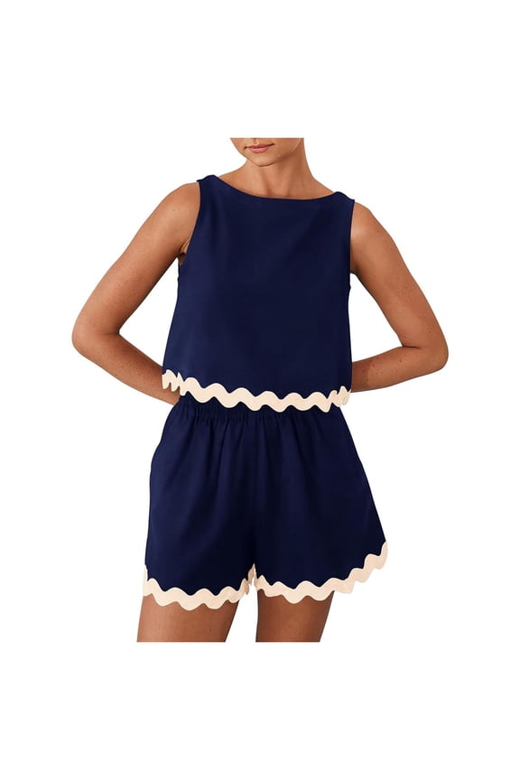 Women Two Piece Sets Scallop Trim Sleeveless Crop Tops Elastic Waist Shorts Summer Beach Vacation Matching Outfits Comfy Shorts Sets