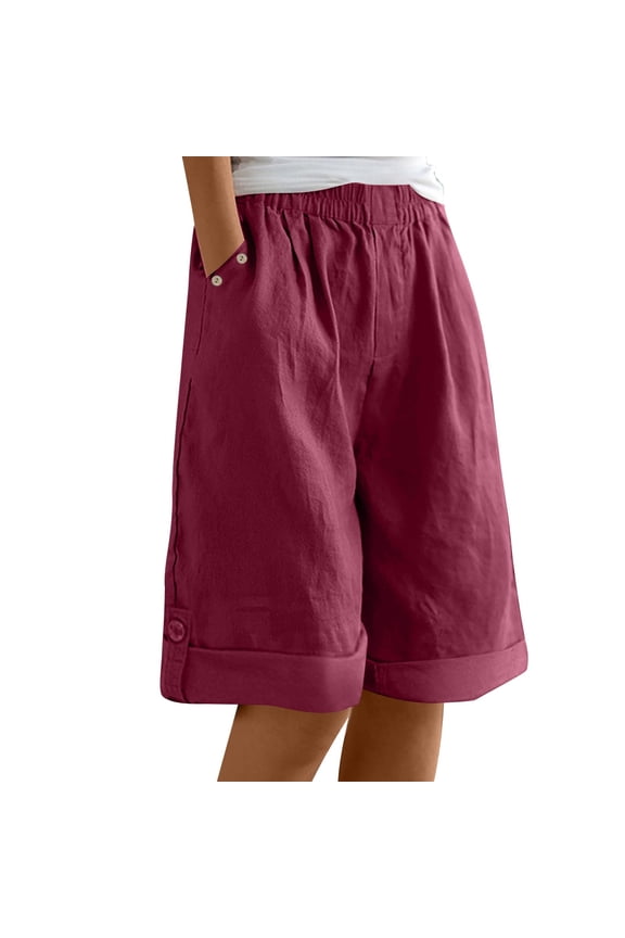 Women's Bermuda Linen Shorts Solid Color Stylish Casual Side Pocket Daily Outdoor Wear Style Shorts Casual Hiking Shorts With Side Pocket
