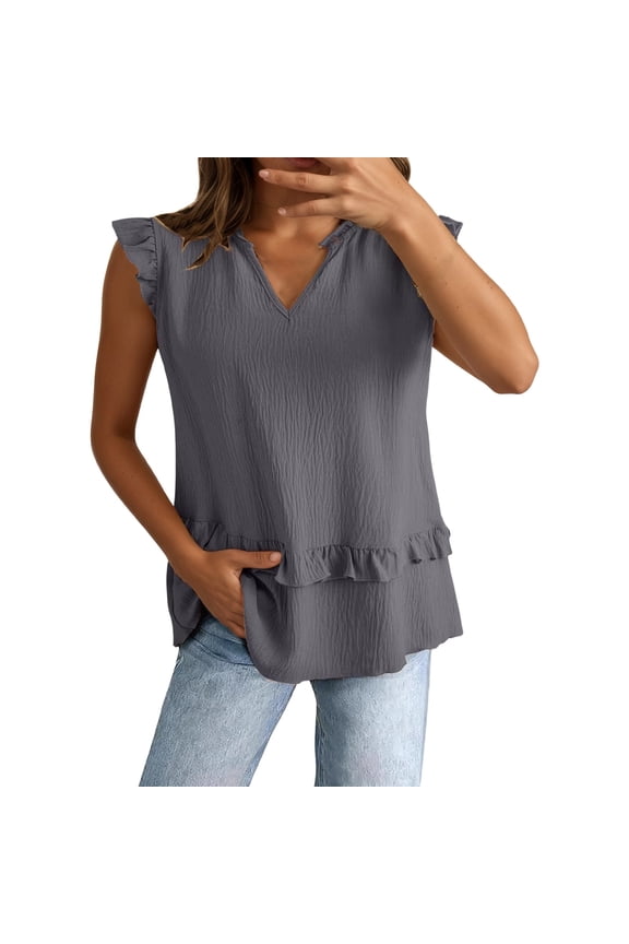 Women's Blouses Split V-Neck Sleeveless With Ruffled Cap Sleeves Tops Chiffon Ruffled Peplum Hem Relaxed Fit Tees