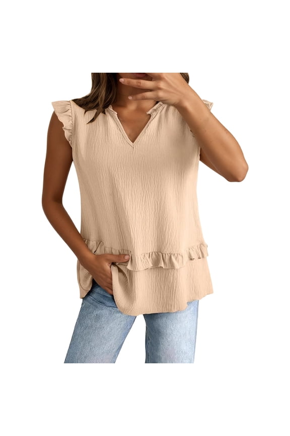 Women's Blouses Split V-Neck Sleeveless With Ruffled Cap Sleeves Tops Chiffon Ruffled Peplum Hem Relaxed Fit Tees