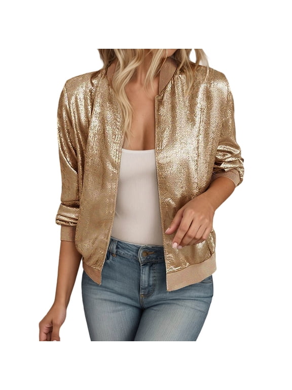 Women's Bomber Jackets Shiny Retro Style Long Sleeve Zip Up Loose Fit Jackets Trendy Sparkle Coats Casual Streetwear Party Night Out Outerwear