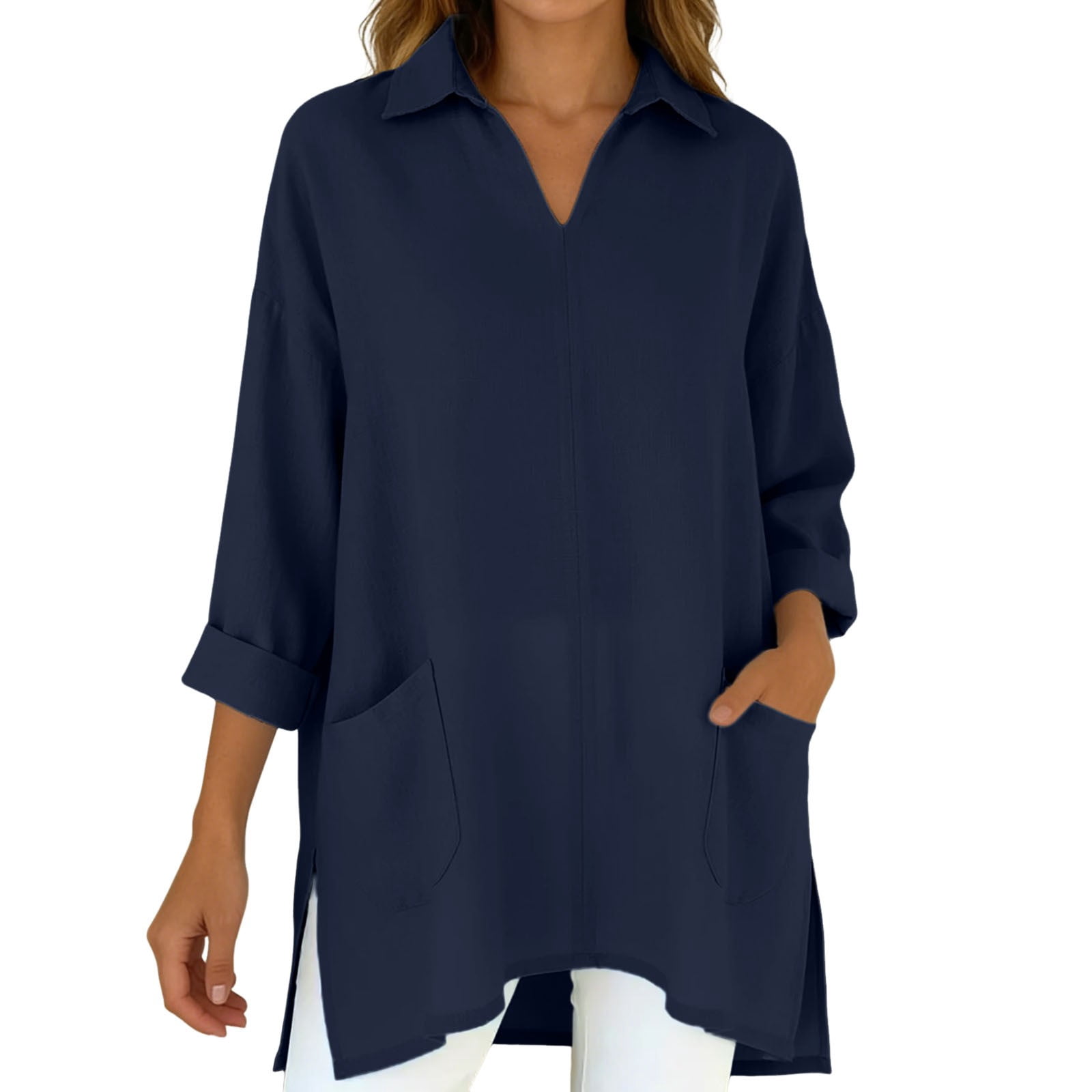 Bibifish Women’s Button Down Shirt Side Slit Solid V Neck Long Sleeve ...