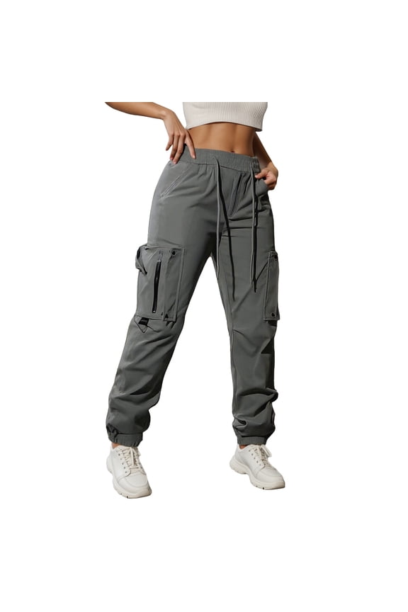 Women's Cargo Jogger Pants Multi Pocket Design Drawstring Elastic Waist Slim Fit Outdoor Wear Pants With Zipper Details