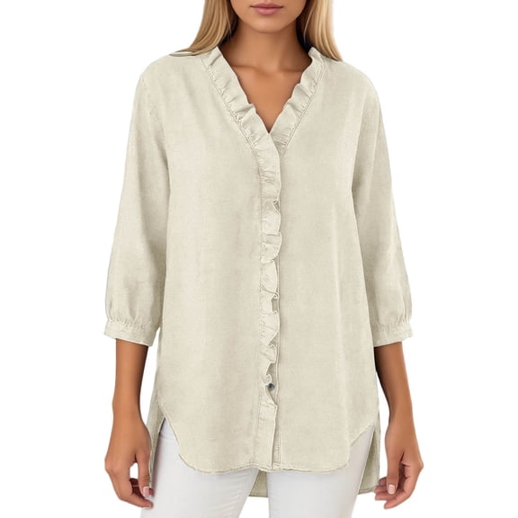 Bibifish Women’s Denim Button Down Shirt Relaxed Fit V Neck Ruffle Trim Long Sleeve Simple Comfortable Daily Shirt